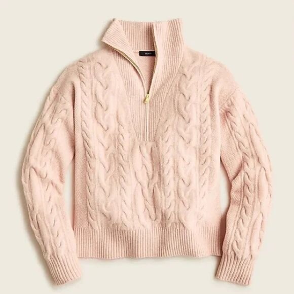 J. Crew Cable-Knit Half-Zip Sweater in Supersoft Yarn - Pale Pink Size Medium - Picture 2 of 16